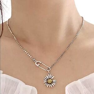 Sunflower Sterling Silver Chain Safety Pin Charm Necklace